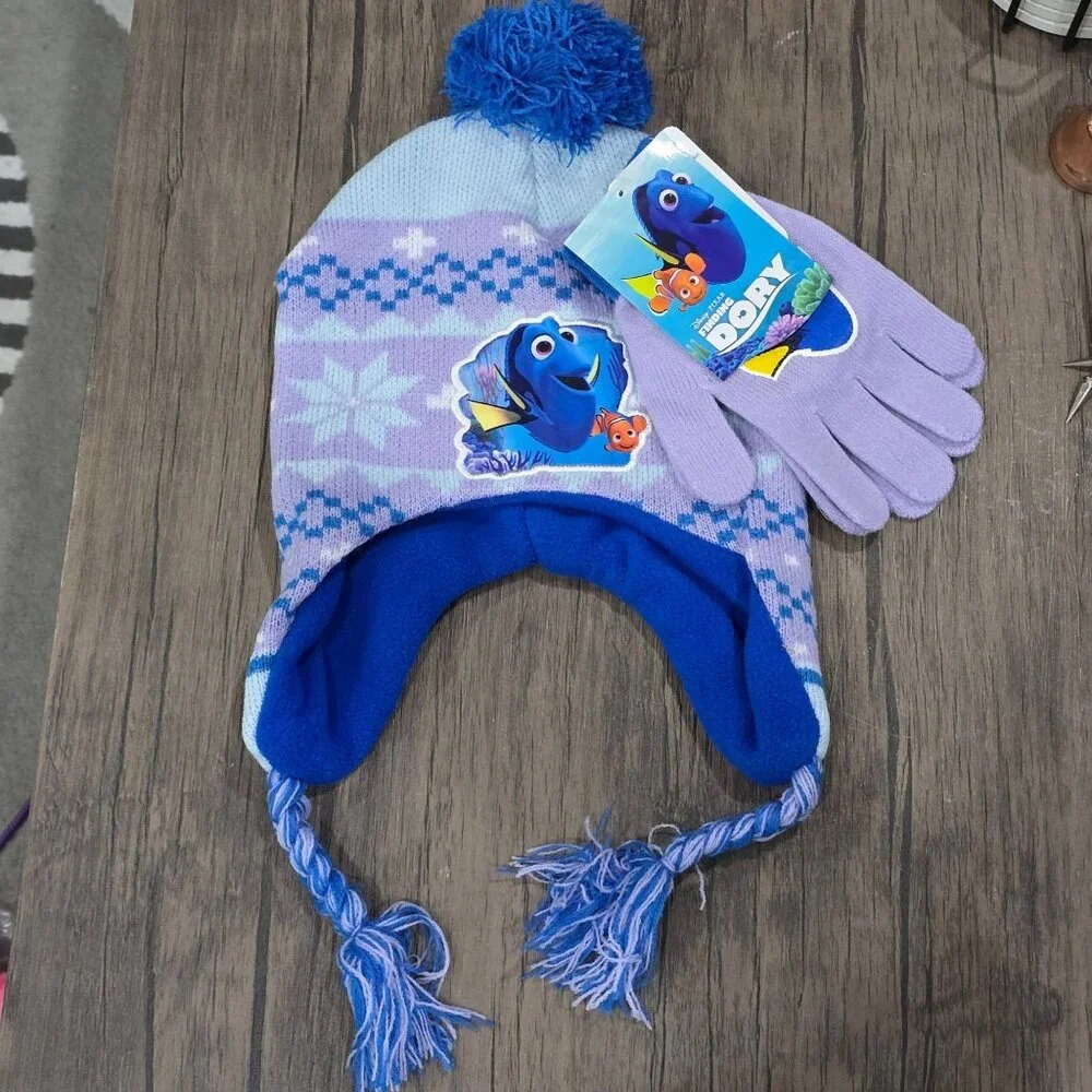 Disney ✦ Finding Dory Winter Set ✦ Purple Blue Snowflake Hat Gloves Fleece-Lined
